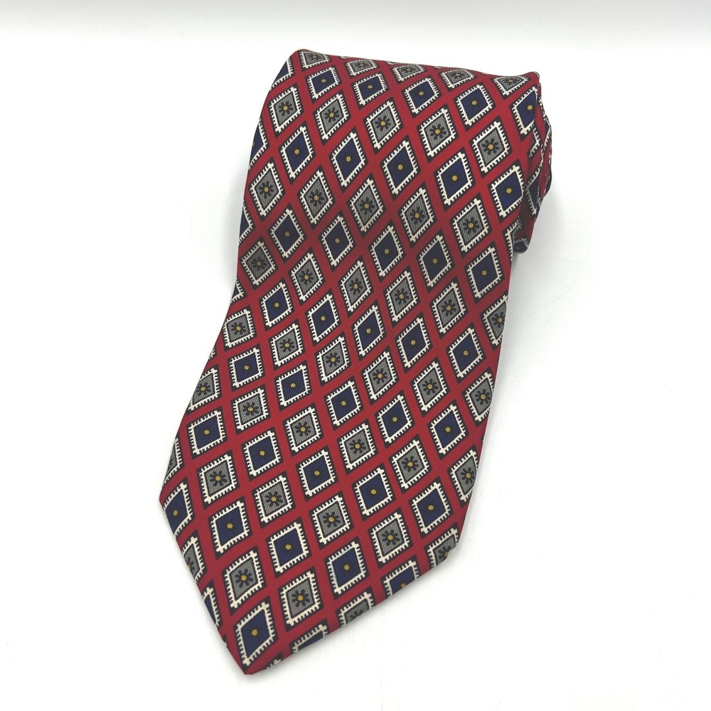 Robert Talbott Necktie Red Mens 3.75" Wide Geometric Diamond Silk Hand Sewn EUC